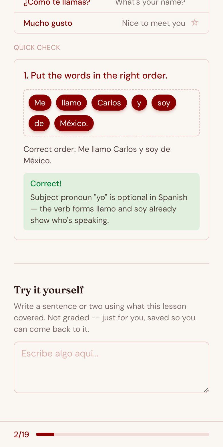 Deep End practice screen: From the first lesson you build, translate, listen to and type whole sentences, not just tap the right picture.