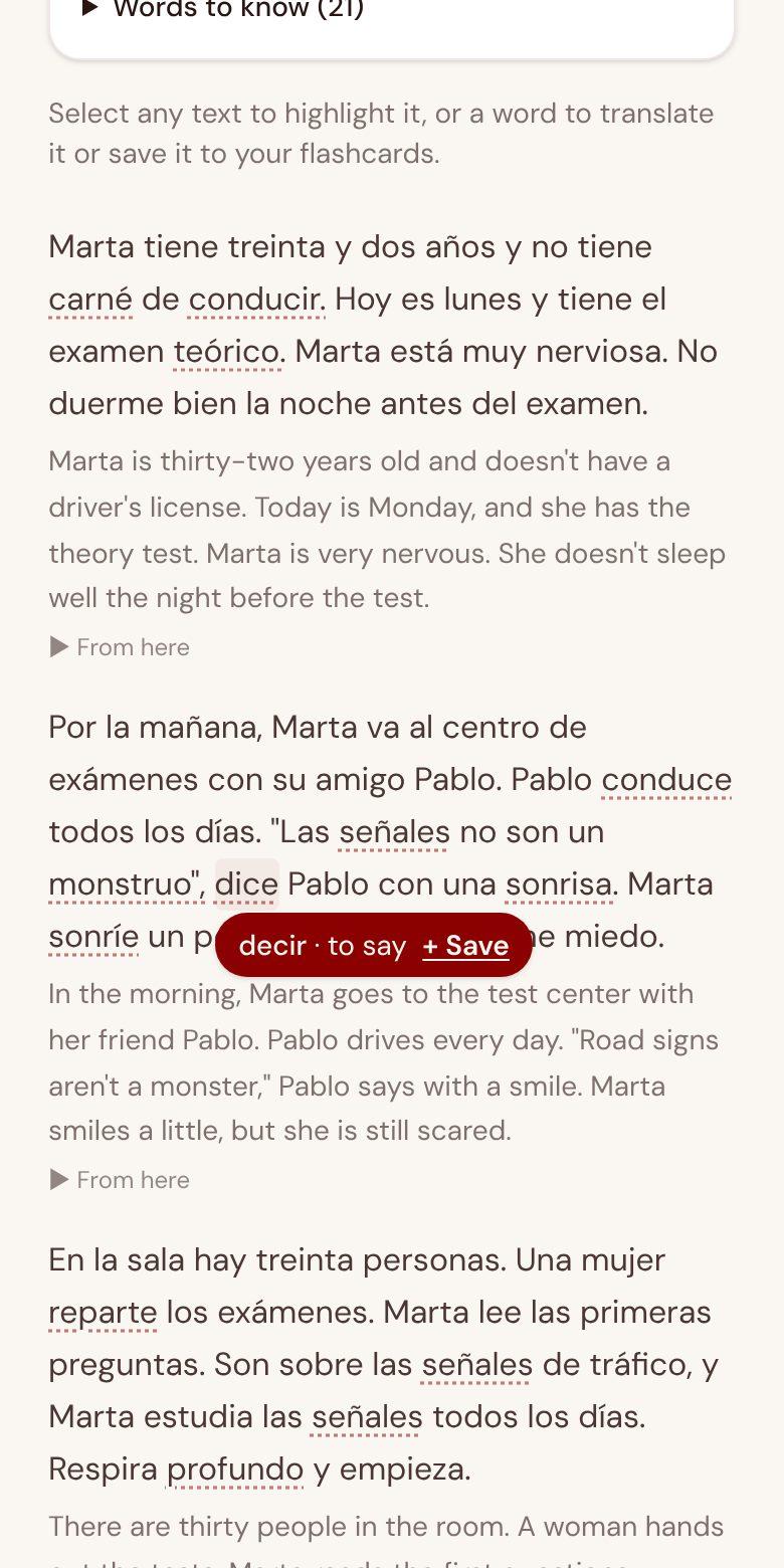 Deep End stories screen: Graded stories written for your level, with any word’s meaning one tap away and English under each paragraph when you need it.